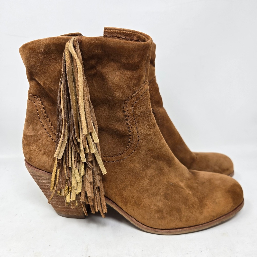 Sam Edelman Louie Ginger Brown Suede Fringe Ankle Boots Womens 10 Western Bootie